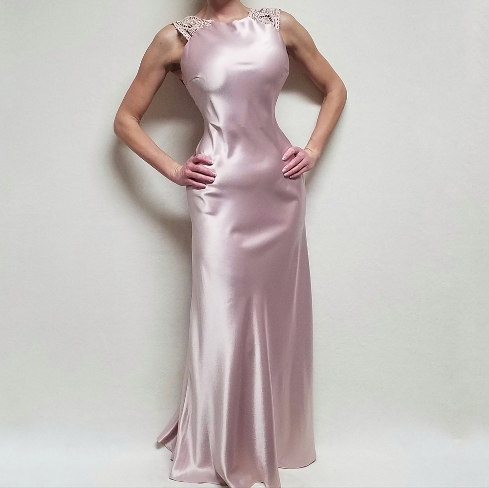 VINTAGE 90s 1001 Nights Blush Pink Satin Crochet Panel Lace-up Back Maxi Dress 6 - Picture 2 of 16